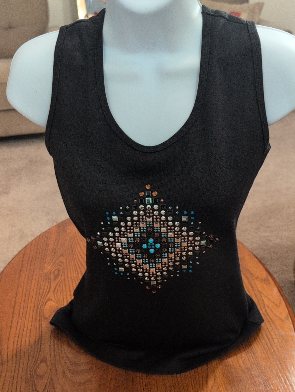 Christine Alexander Black Sleeveless Tank with Studded Aztec Motif, Size S